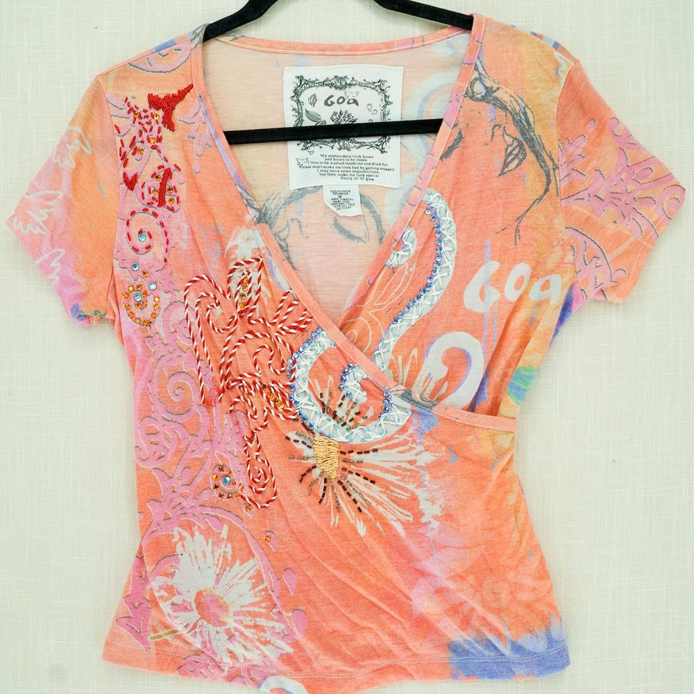 Goa Embroidered Beaded Pink Orange Faux Wrap Top M Braided Tie Wrap Boho Chic